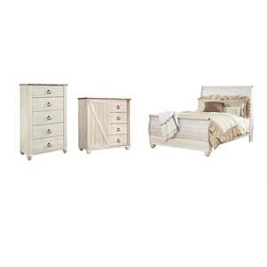 Pemberly Row Set of 3 Queen Sleigh Bed & 4-Drawer Door Chest & 5-Drawer Chest