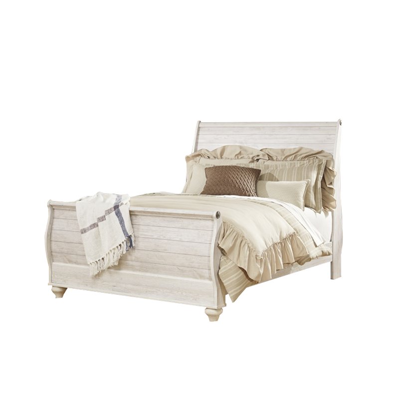 Pemberly Row Set of 2 Queen Sleigh Bed & 4-Drawer Door Chest in Whitewash