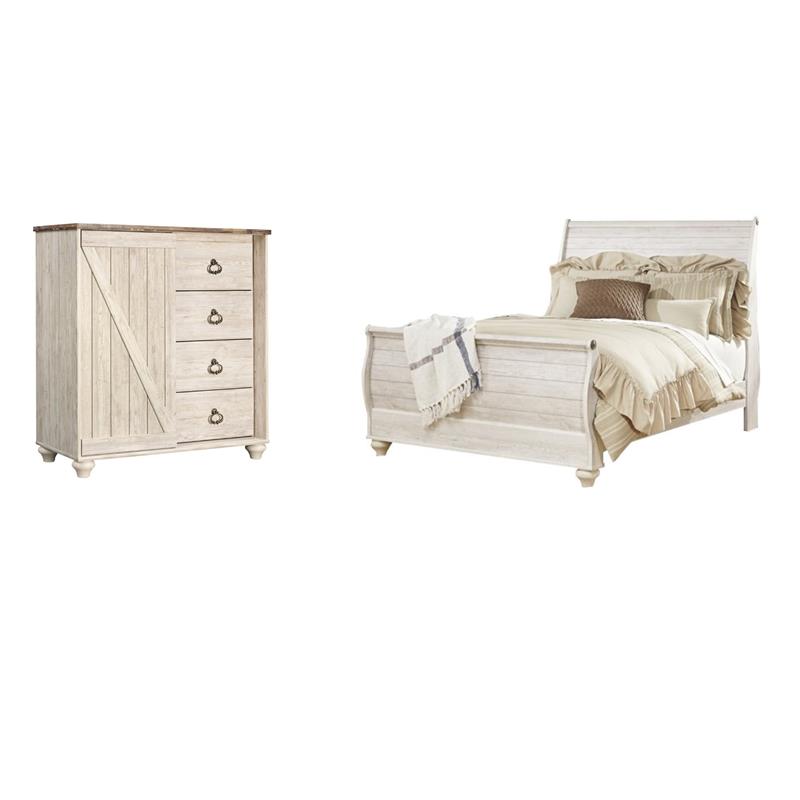 Pemberly Row Set of 2 Queen Sleigh Bed & 4-Drawer Door Chest in Whitewash