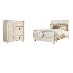 Pemberly Row Set of 2 Queen Sleigh Bed & 4-Drawer Door Chest in Whitewash