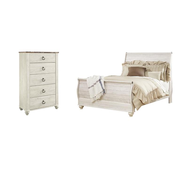 Pemberly Row Set of 2 Queen Sleigh Bed in Whitewash & 5-Drawer Chest in White