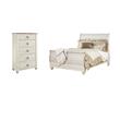 Pemberly Row Set of 2 Queen Sleigh Bed in Whitewash & 5-Drawer Chest in White