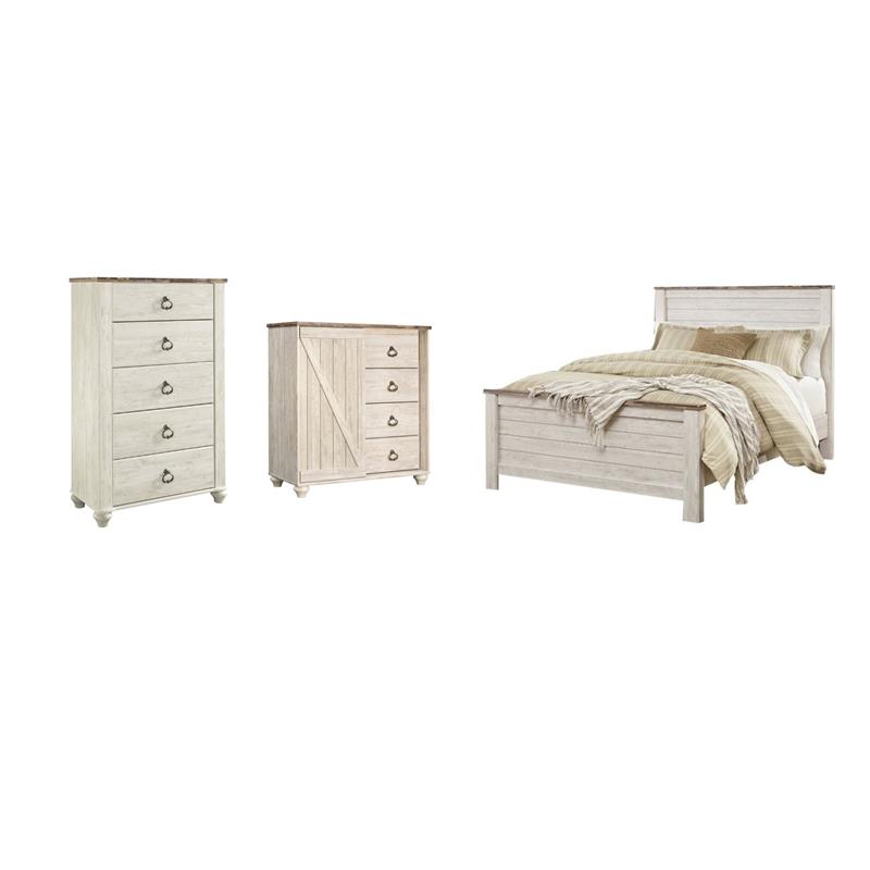 Pemberly Row Set of 3 Queen Panel Bed & 4-Drawer Door Chest & 5-Drawer Chest