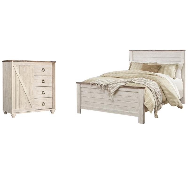 Pemberly Row Set of 2 Queen Panel Bed & 4-Drawer Door Chest in Whitewash