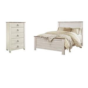 Pemberly Row Set of 2 Queen Panel Bed in Whitewash & 5-Drawer Chest in White