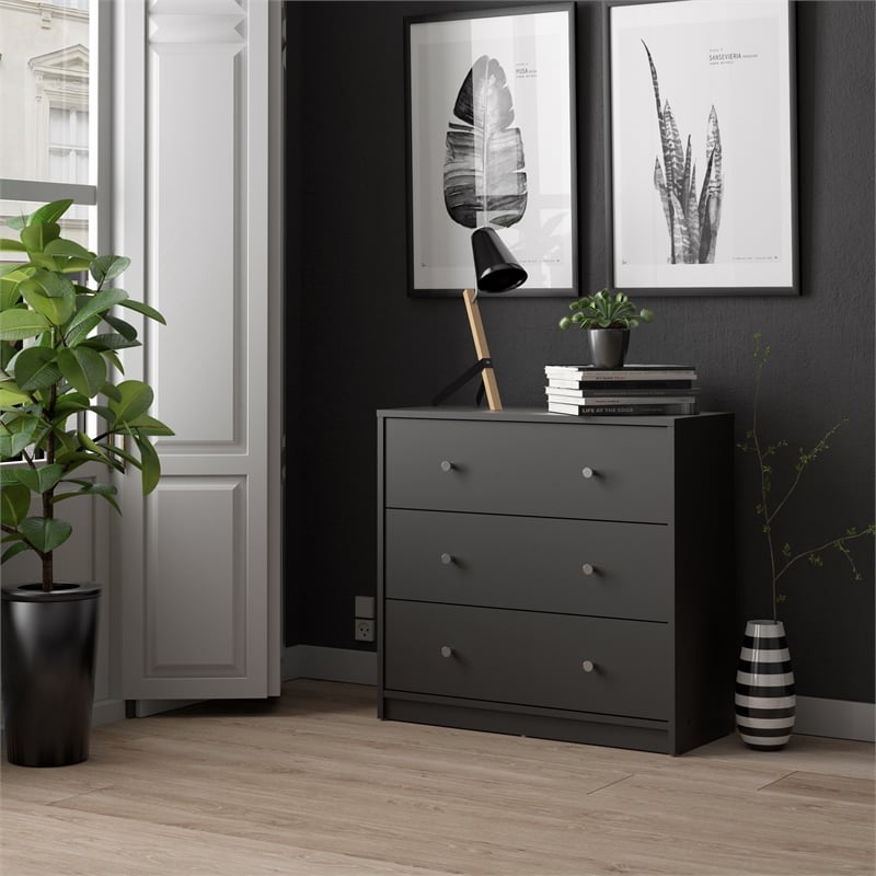Pemberly Row Set of 3 3-Drawers Chest and Two 6-Drawers Double Dressers in Black