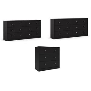 Pemberly Row Set of 3 3-Drawers Chest and Two 6-Drawers Double Dressers in Black