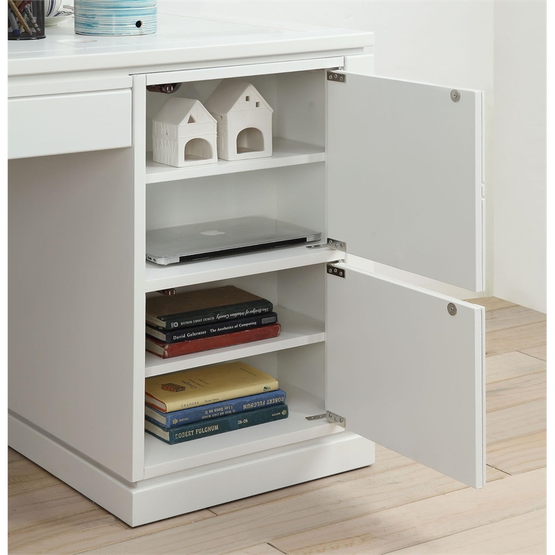 Pemberly Row Farmhouse White Wood Library Desk and Hutch with Adjustable Shelves