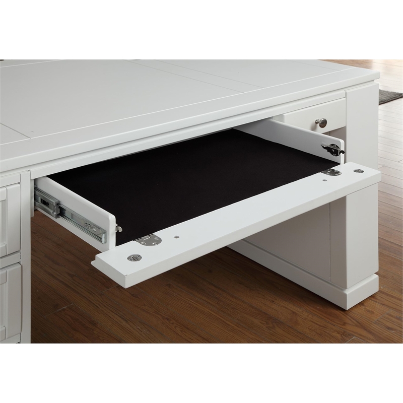 Pemberly Row Farmhouse White Wood Library Desk and Hutch with Adjustable Shelves