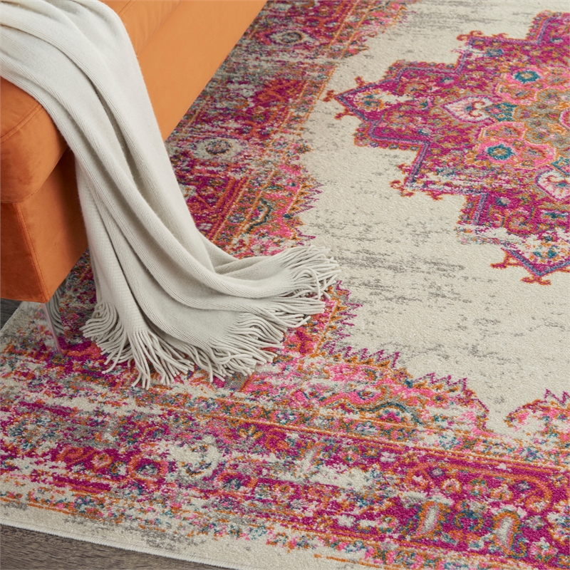 Pemberly Row Transitional 4' x 6' Pink and Ivory Fabric Bohemian Area Rug