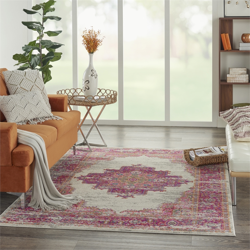 Pemberly Row Transitional 4' x 6' Pink and Ivory Fabric Bohemian Area Rug