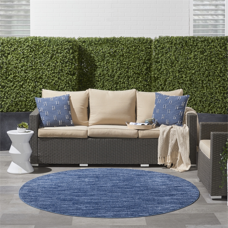 Pemberly Row Contemporary 6' Round Navy Blue Fabric Outdoor Area Rug