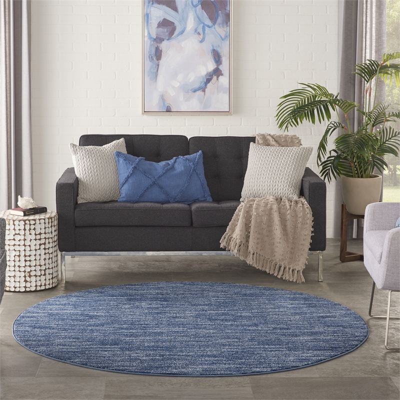 Pemberly Row Contemporary 6' Round Navy Blue Fabric Outdoor Area Rug