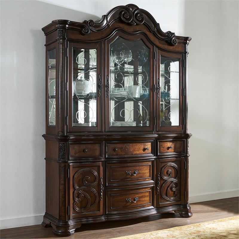 Pemberly Row Contemporary Wood Brown Pecan Finish Buffet and Hutch