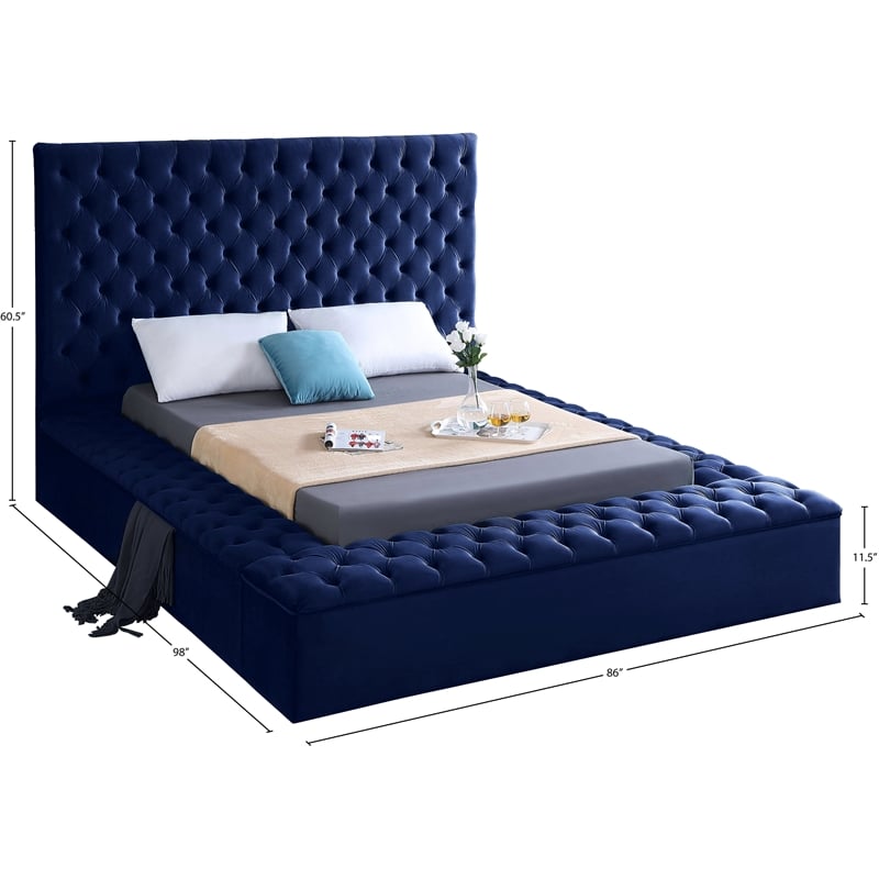 Pemberly Row Contemporary Solid Wood Tufted Velvet Queen Bed in Navy