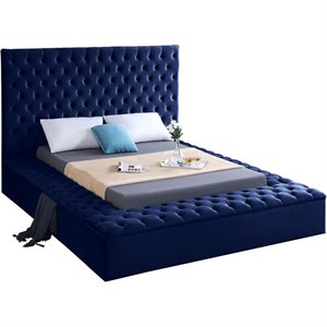 Pemberly Row Contemporary Solid Wood Tufted Velvet Queen Bed in Navy