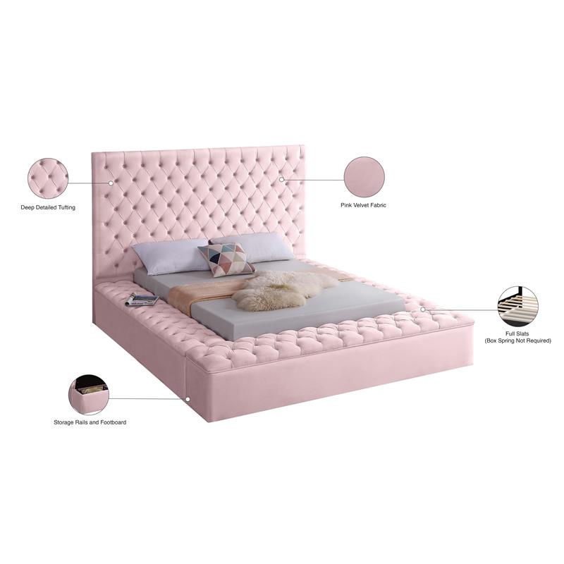 Pemberly Row Contemporary Solid Wood Tufted Velvet Queen Bed in Pink