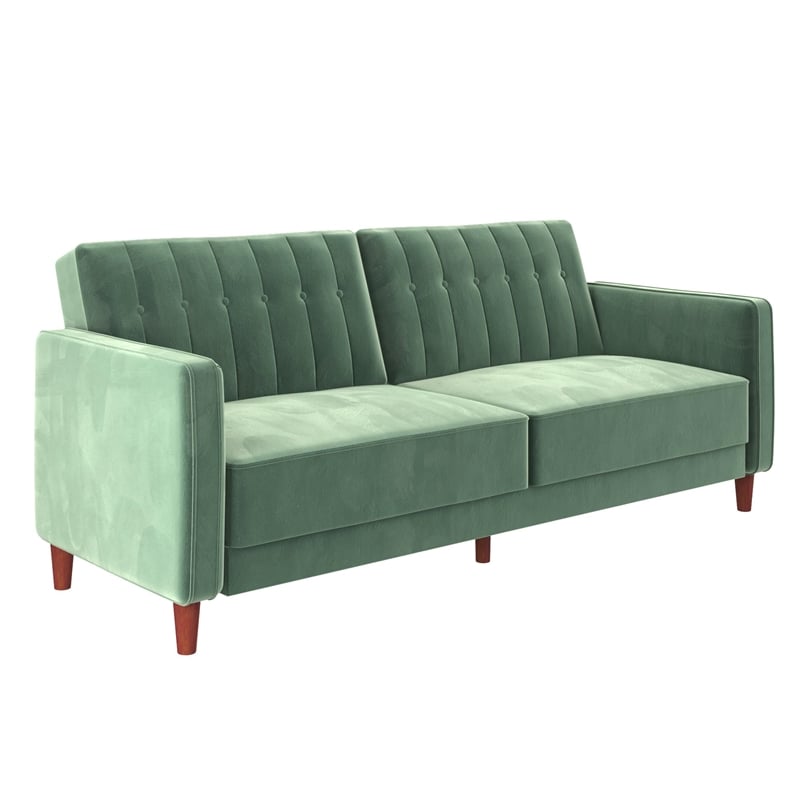 Pemberly Row Tufted Transitional Futon in Light Green Velvet