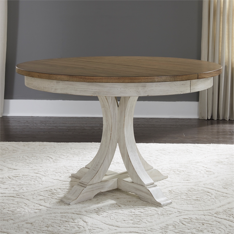Pemberly Row Farmhouse Reimagined Wood Pedestal Table in Natural
