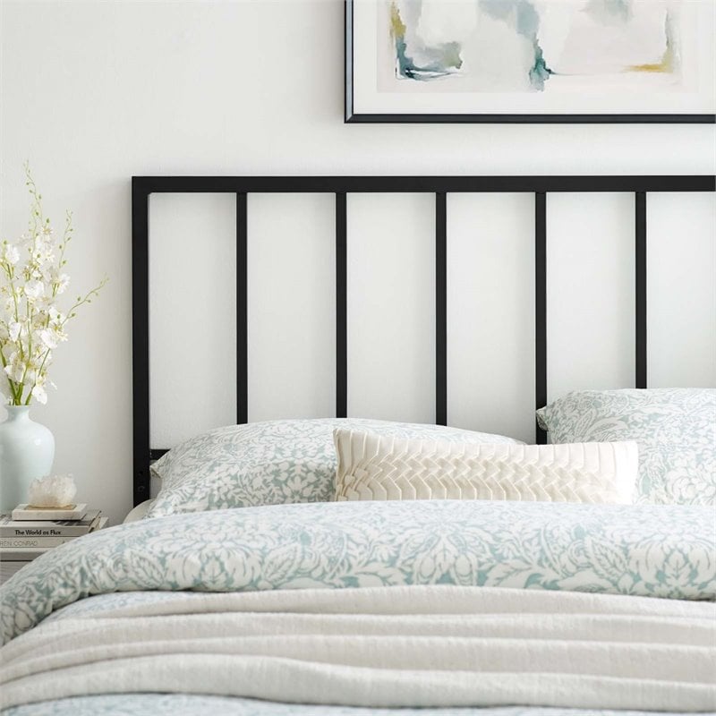 Pemberly Row Queen Modern Style Powder Coated Iron Headboard in Black