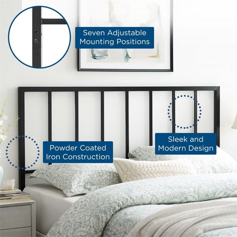 Pemberly Row Queen Modern Style Powder Coated Iron Headboard in Black
