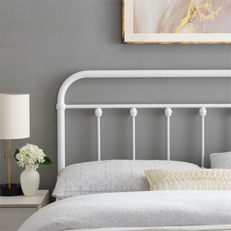Pemberly Row King Modern Powder Coated Iron Headboard in White Finish