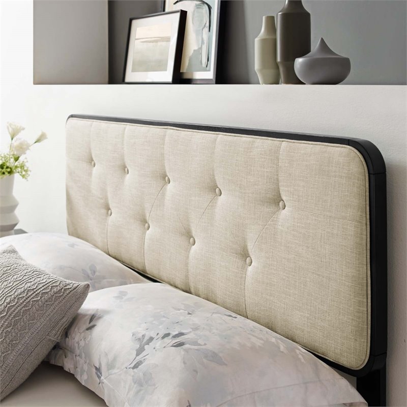 Pemberly Row Tufted King Fabric and Wood Headboard in Black/Beige