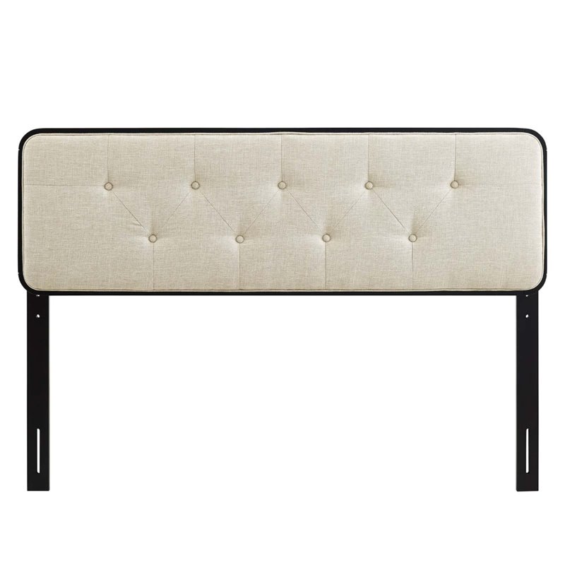 Pemberly Row Tufted King Fabric and Wood Headboard in Black/Beige