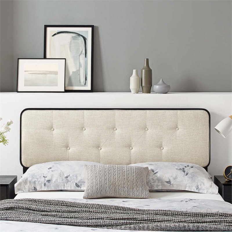 Pemberly Row Tufted King Fabric and Wood Headboard in Black/Beige