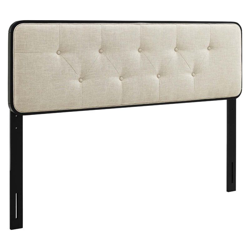 Pemberly Row Tufted King Fabric and Wood Headboard in Black/Beige