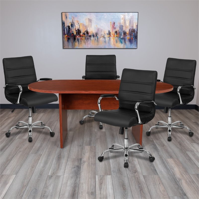 Pemberly Row 5 Piece Wooden Oval Conference Table Set in Cherry and Black