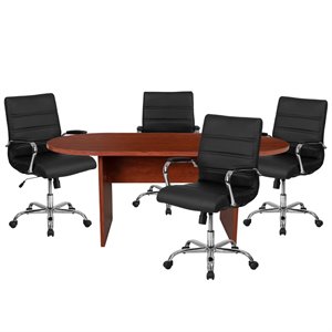 Pemberly Row 5 Piece Wooden Oval Conference Table Set in Cherry and Black