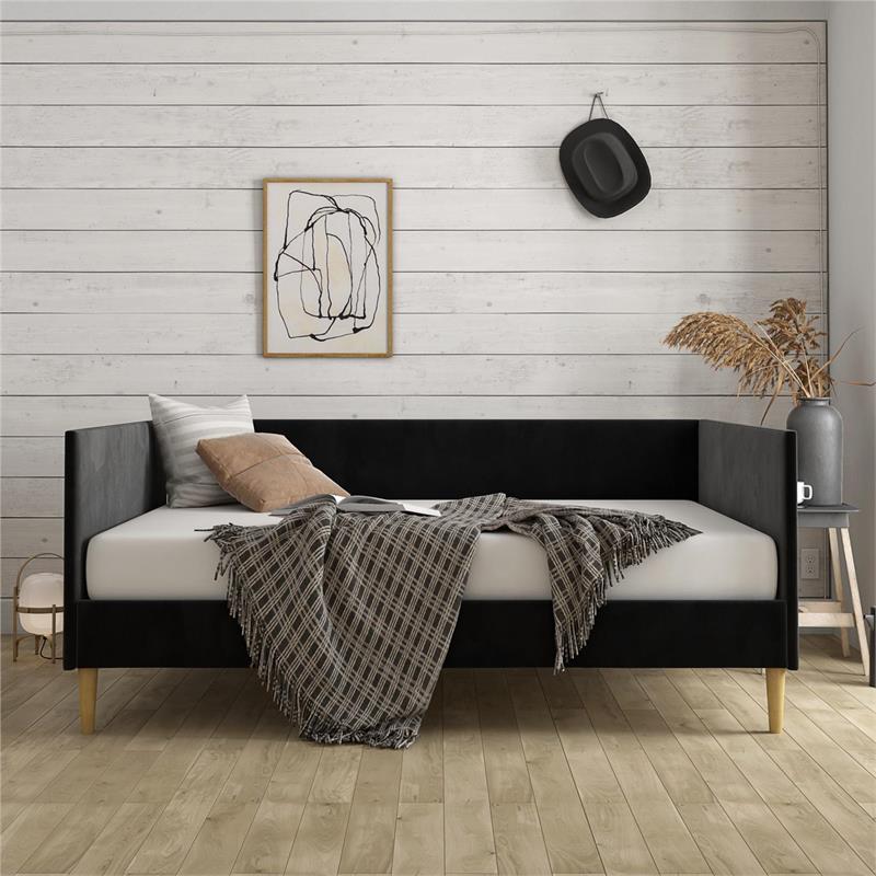 Pemberly Row Mid Century Upholstered Daybed Full Size in Black Velvet