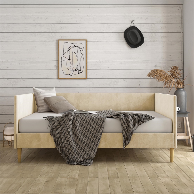 Pemberly Row Mid Century Upholstered Daybed Full Size in Tan Velvet