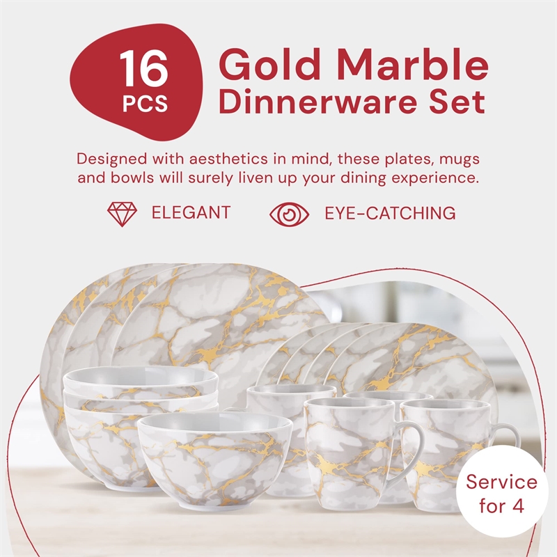 Pemberly Row Contemporary Porcelain Dinnerset 16 Piece in Gold Marble