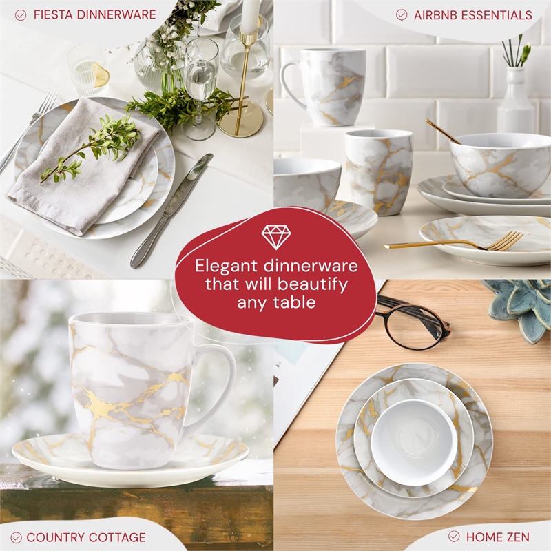 Pemberly Row Contemporary Porcelain Dinnerset 16 Piece in Gold Marble
