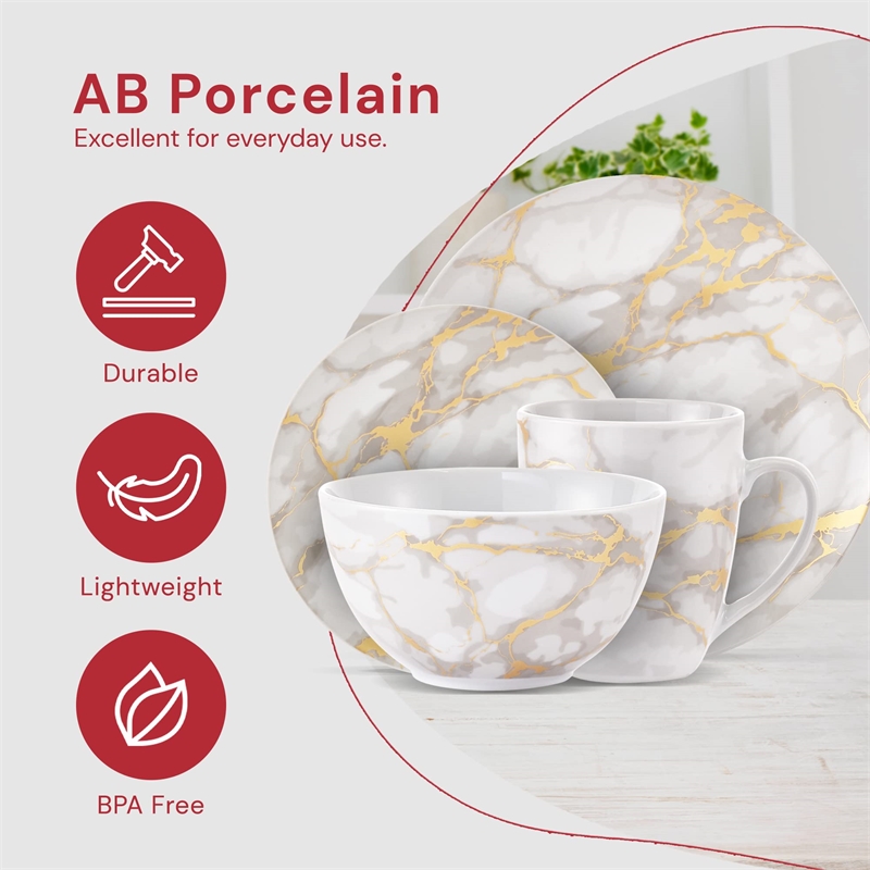 Pemberly Row Contemporary Porcelain Dinnerset 16 Piece in Gold Marble