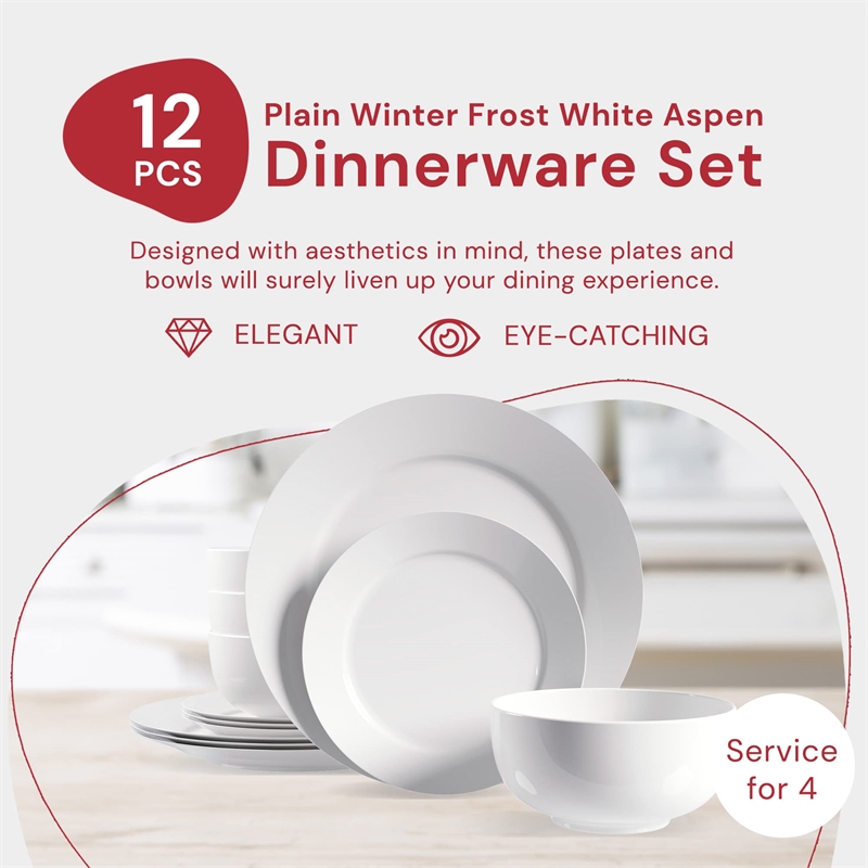 Pemberly Row Porcelain Dinnerset 12 Piece in Plain White Round Rim Aspen