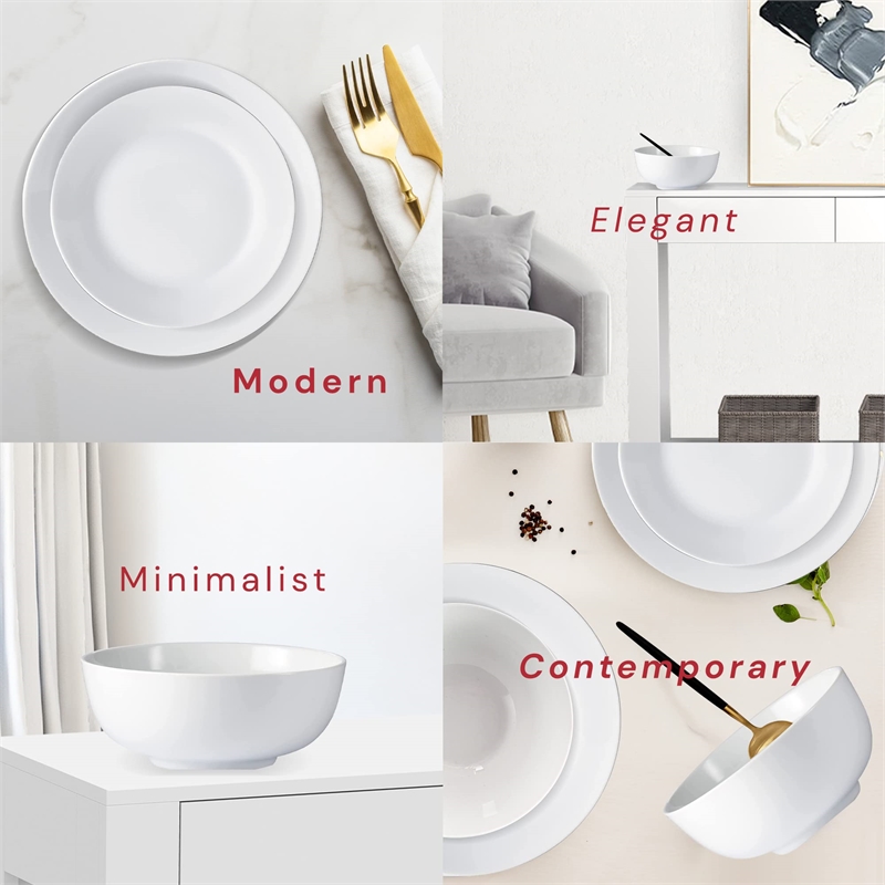 Pemberly Row Porcelain Dinnerset 12 Piece in Plain White Round Rim Aspen