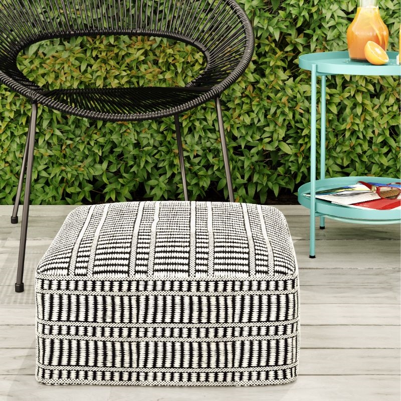 Pemberly Row Contemporary Square Woven Pouf in Black and White