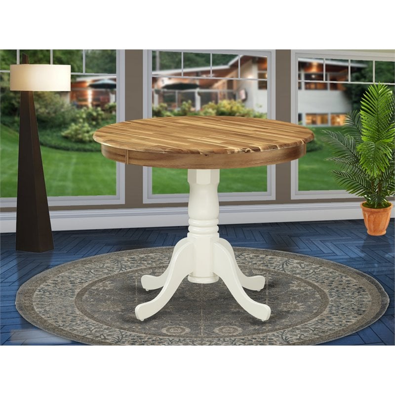 Pemberly Row Antique Round Acacia Wood Dining Table in Oak/White