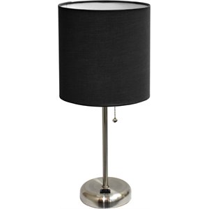 pemberly row silver metal stick lamp w/ power outlet with black shade