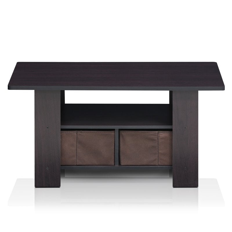 Pemberly Row Engineered Wood Coffee Table with Bin Drawer in Dark Walnut