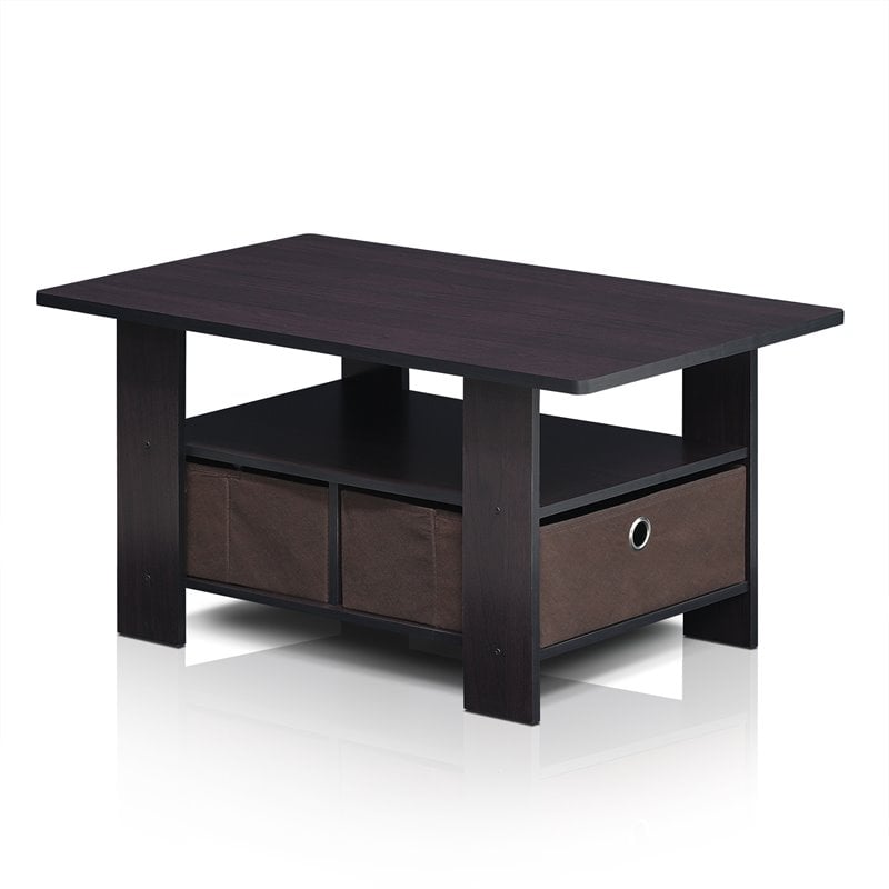 Pemberly Row Engineered Wood Coffee Table with Bin Drawer in Dark Walnut