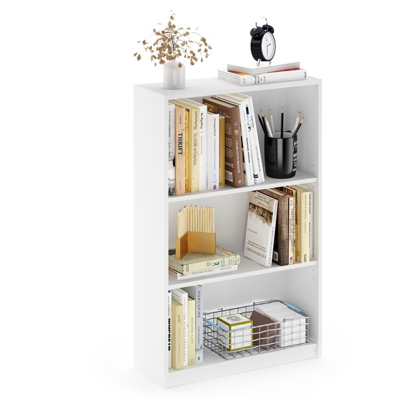 Pemberly Row Contemporary Wood 3-Tier Adjustable Shelf Bookcase in White