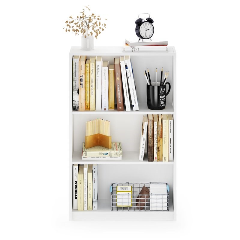 Pemberly Row Contemporary Wood 3-Tier Adjustable Shelf Bookcase in White
