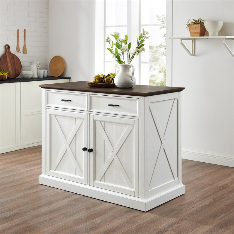 Pemberly Row Modern Wood Kitchen Island in Distressed White/Brown