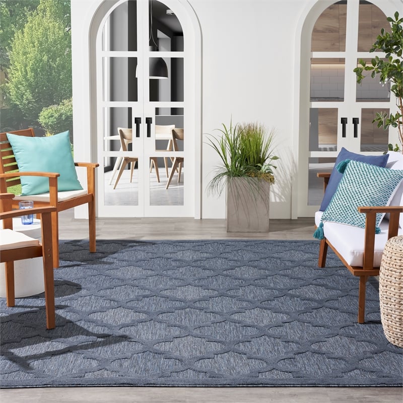 Pemberly Row Easy Care 9' x 12' Navy Blue Fabric Indoor/Outdoor Rug