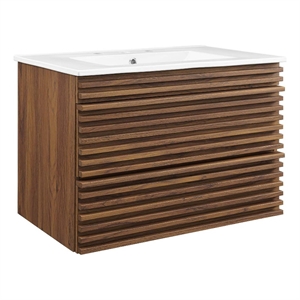 Pemberly Row 30&quot Modern Wood Wall-Mount Bathroom Vanity in Walnut/White
