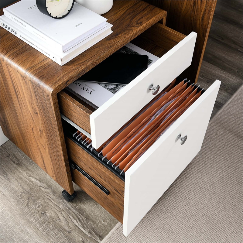 Pemberly Row Modern Wood & Plastic File Cabinet in Walnut/White